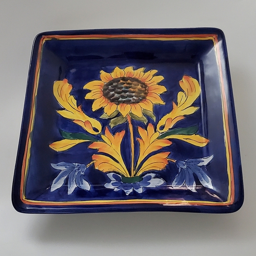 9 1/2" "Tuscan Lemon" Square Cobalt Blue & Yellow Ceramic Dish EUC - Picture 9 of 9